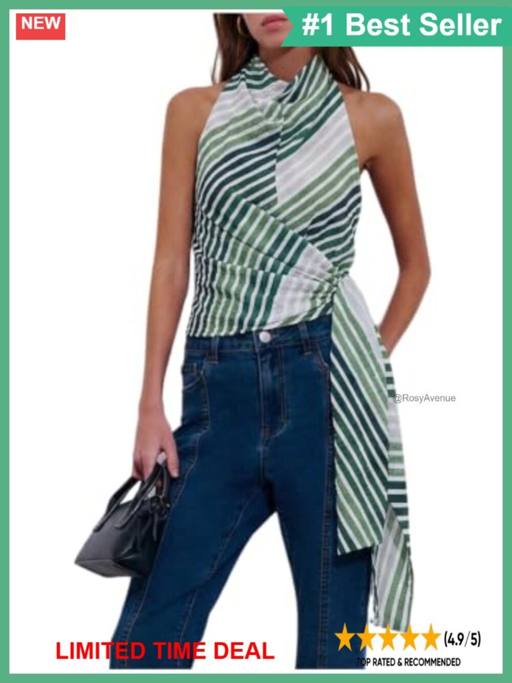 Women's Striped Cowl Neck Halter Top Sleeveless Wrap Backless Asymmetrical Hem